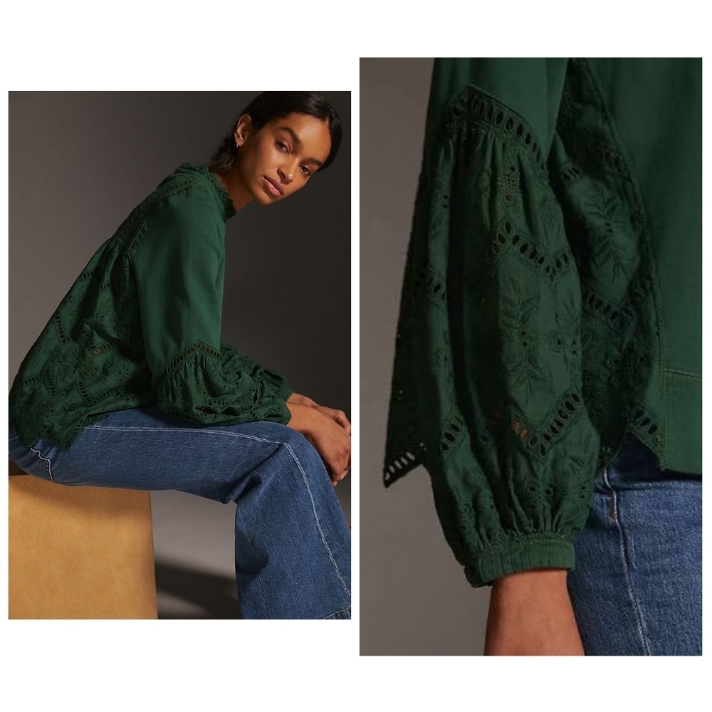 Anthropologie Forever That Girl Boho Green Lace Eyelet Sweatshirt Sweater S - Picture 4 of 16